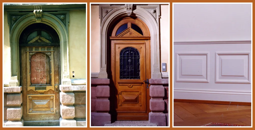 Rekonstruktion von Türen, Wandvertäfelungen, Sockelleisten, Fensternischen und -bretter Rekonstruktion von Türen, Wandvertäfelungen, Sockelleisten, Fensternischen und -bretter